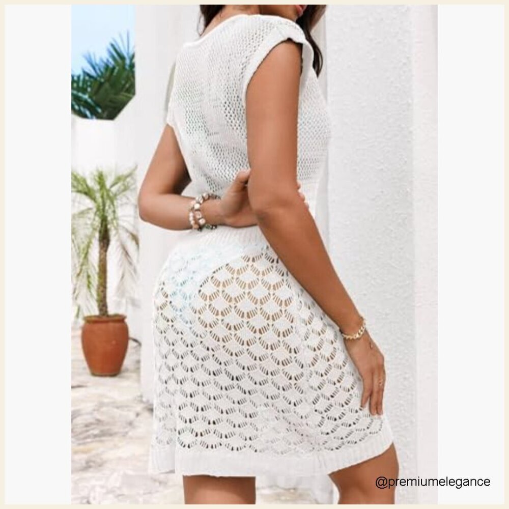 Crochet Mesh Swim Cover Up Fit Flare V-Neck Short Sleeve Beach Dress - Picture 4 of 6